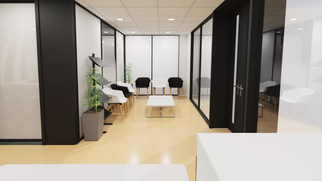 projection 3D aménagement de bureaux, salle d'attente